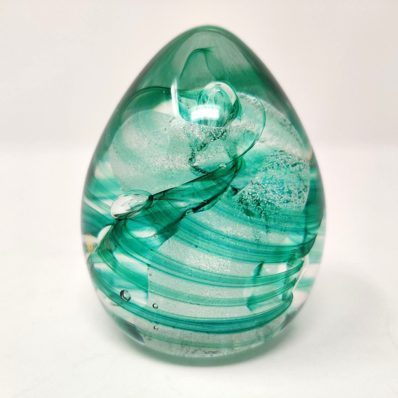 Vintage Studio Glass Paperweight Egg Green Swirl Signed Ann Corcoran '93 Nouwrot - Picture 8 of 16